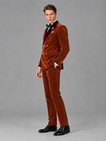 Savile Men's Burnt Orange Velvet Double-Breasted 2-Piece Tuxedo Suit with Burgundy Peak Lapel - Burnt_Orange