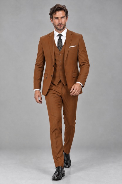 Savile Men's Burnt Orange 3-Piece Suit Set – Notch Lapel Blazer, Vest & Trousers - Burnt Orange - Burnt_Orange_4