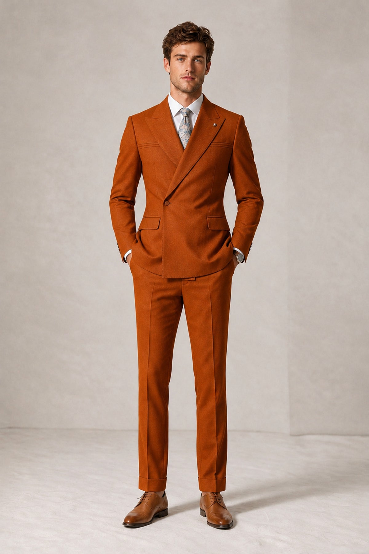 Savile Men's Burnt Orange Double-Breasted Slim Fit 2-Piece Suit Set – Peak Lapel Blazer & Cuffed Trousers | Wedding Prom Formal - Burnt Orange