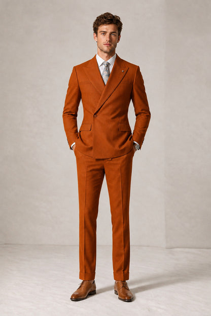 Savile Men's Burnt Orange Double-Breasted Slim Fit 2-Piece Suit Set – Peak Lapel Blazer & Cuffed Trousers | Wedding Prom Formal - Burnt Orange