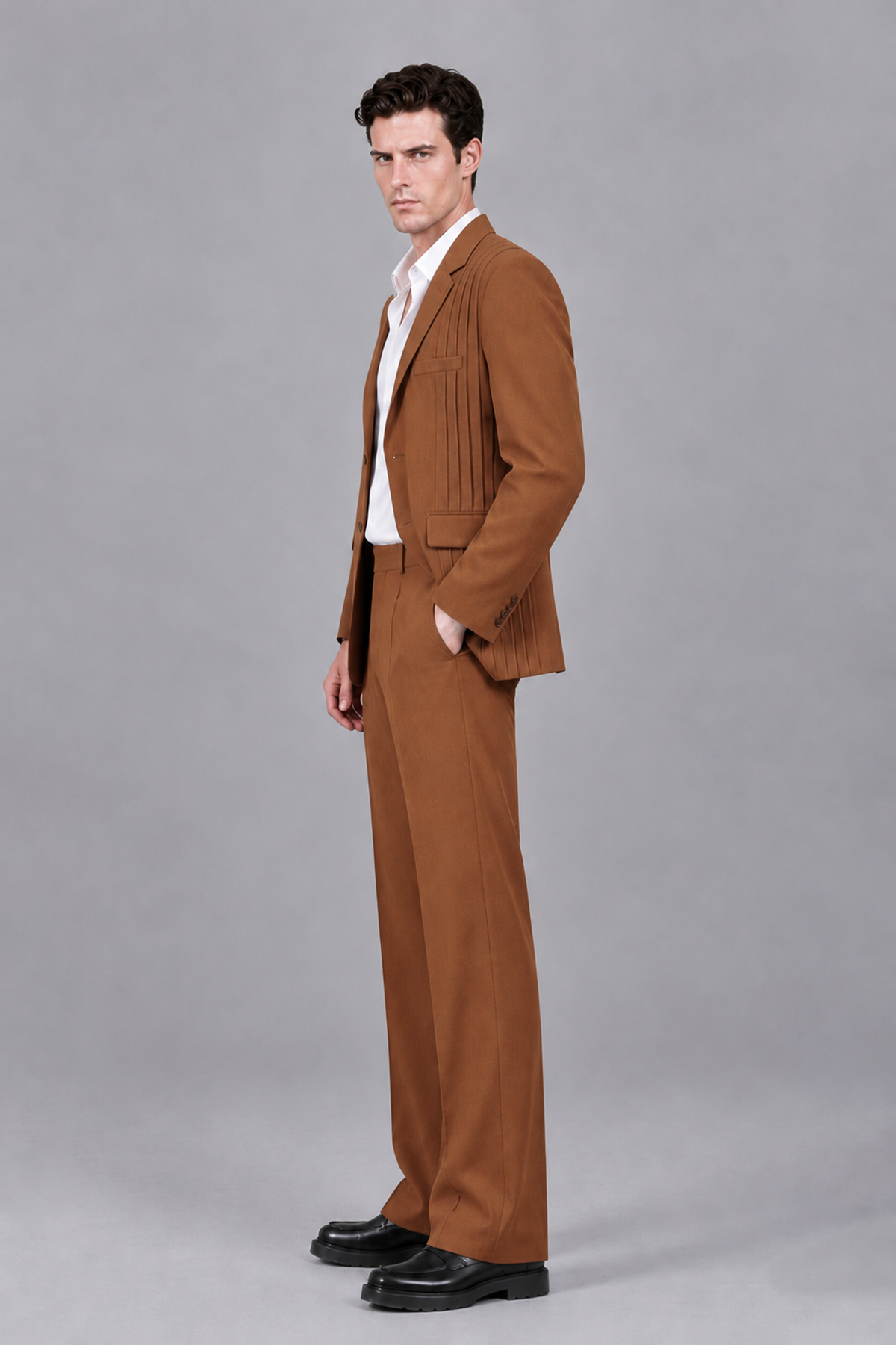 Savile Men's Burnt Orange Pleated 2-Piece Suit Set | Notch Lapel Blazer & Tailored Trousers - Burnt Orange - Burnt Orange_4