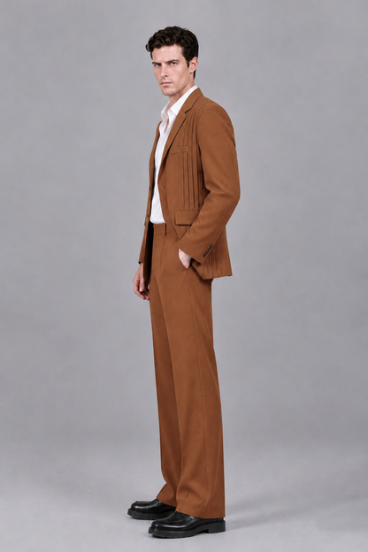 Savile Men's Burnt Orange Pleated 2-Piece Suit Set | Notch Lapel Blazer & Tailored Trousers - Burnt Orange - Burnt Orange_4