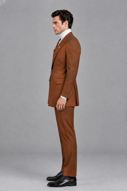 Savile Men's Burnt Orange Double Buckle Wrap Belted 2-Piece Suit Set – Peak Lapel Slim-Fit Jacket & Trousers - Burnt Orange - Burnt Orange_4