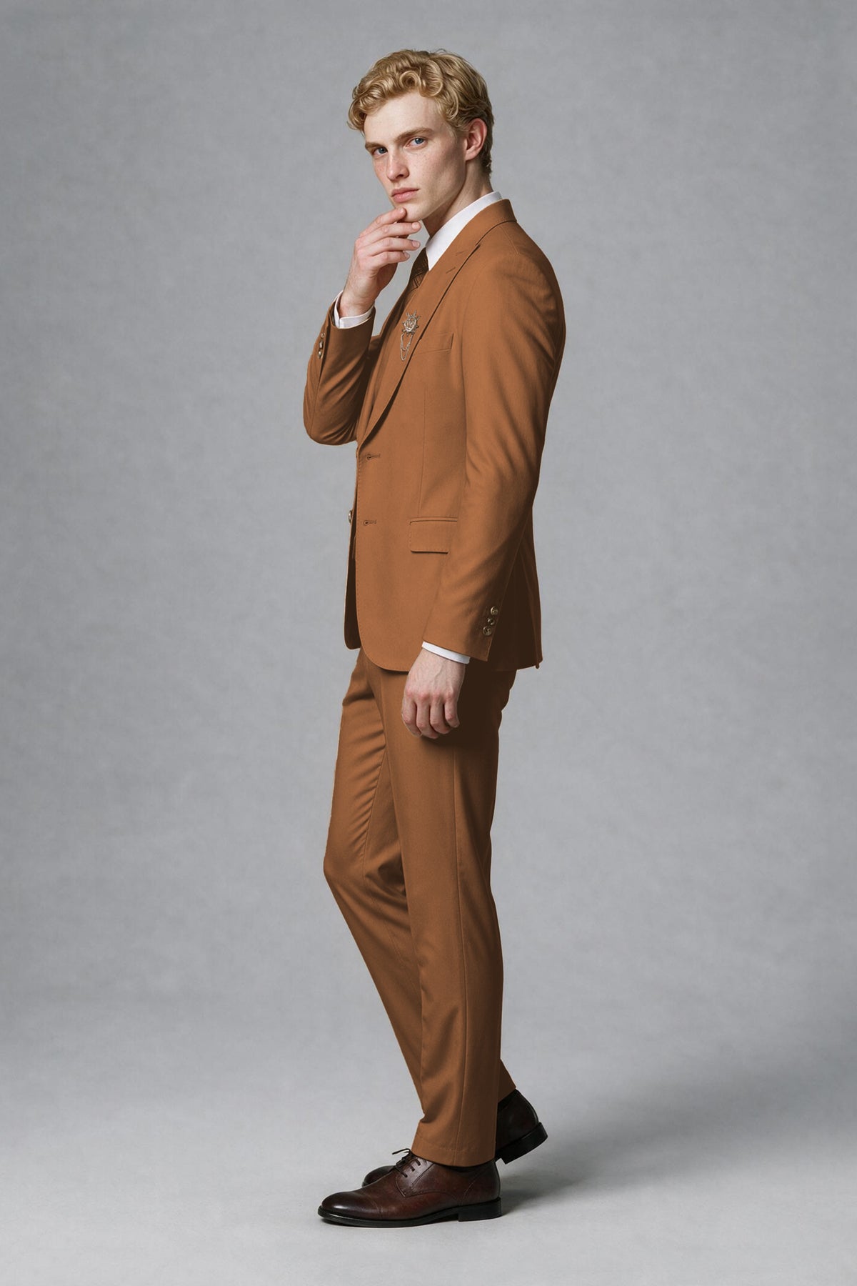 Savile Men's Burnt Orange Three-Piece Wedding Suit with Double-Breasted Waistcoat - Burnt Orange