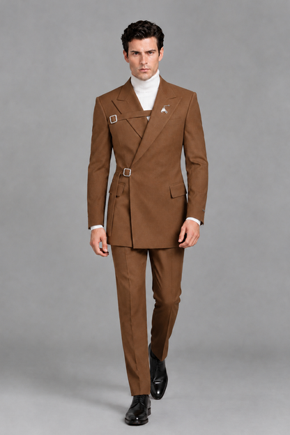 Savile Men's Burnt Orange Double Buckle Wrap Belted 2-Piece Suit Set – Peak Lapel Slim-Fit Jacket & Trousers - Burnt Orange - Burnt Orange_5
