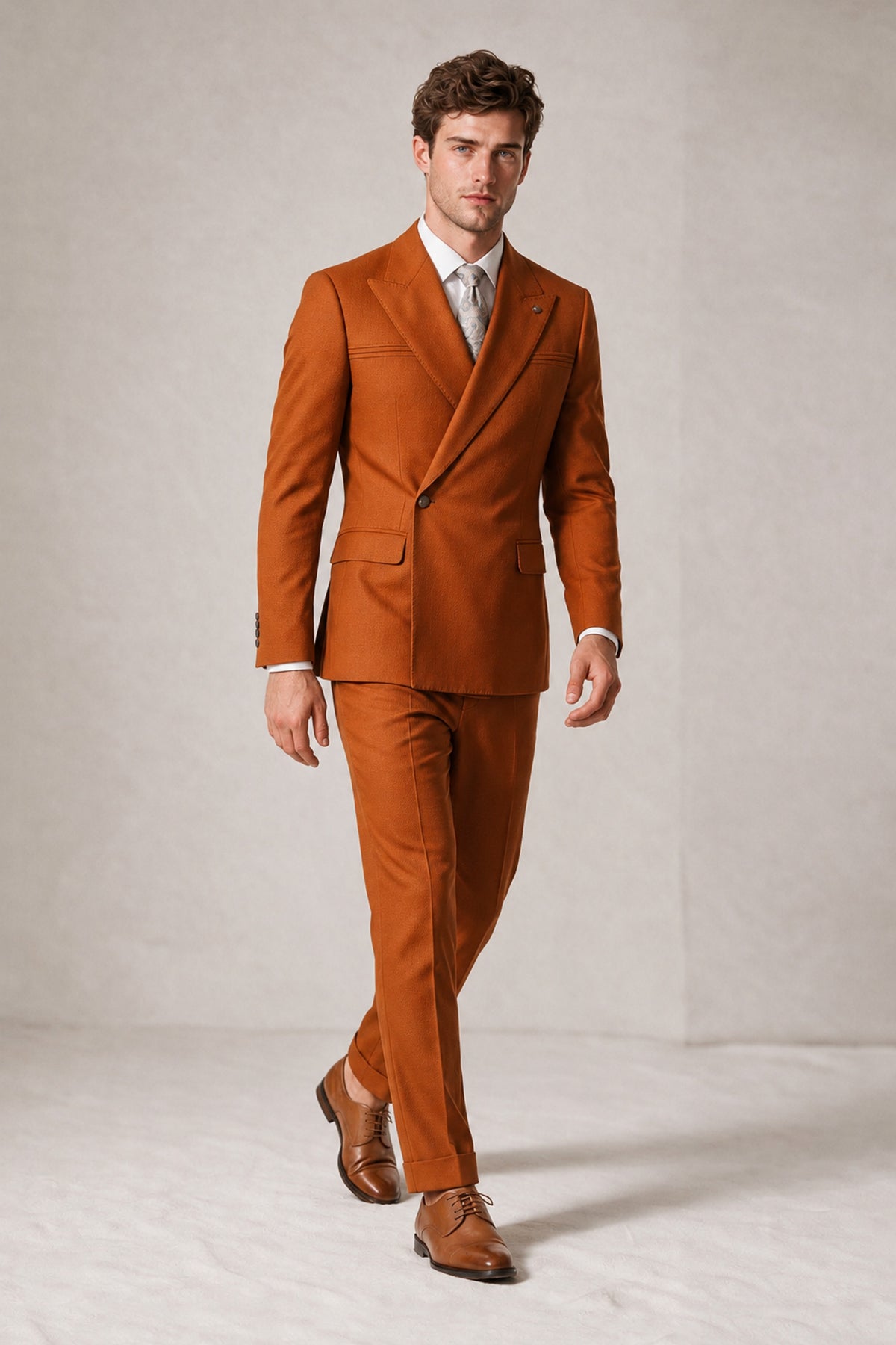 Savile Men's Burnt Orange Double-Breasted Slim Fit 2-Piece Suit Set – Peak Lapel Blazer & Cuffed Trousers | Wedding Prom Formal - Burnt Orange