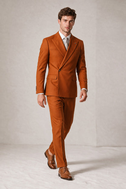 Savile Men's Burnt Orange Double-Breasted Slim Fit 2-Piece Suit Set – Peak Lapel Blazer & Cuffed Trousers | Wedding Prom Formal - Burnt Orange