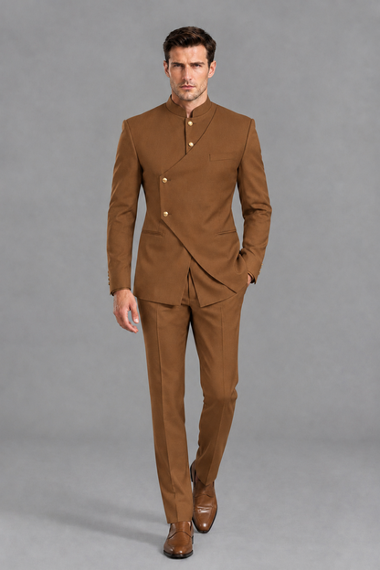 Savile Men's Burnt Orange Asymmetrical Mandarin Collar Tuxedo Suit – Modern 2-Piece Gold Button Wedding, Prom & Gala Set - Burnt Orange - Burnt Orange_5