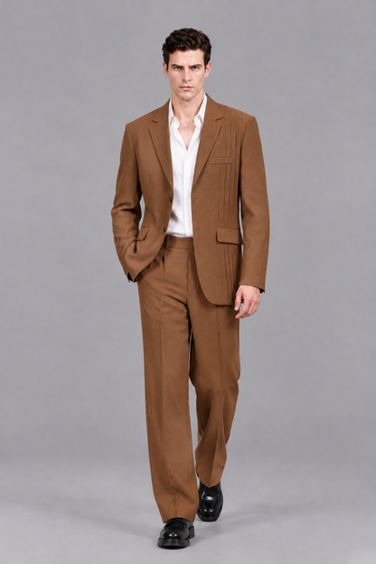 Savile Men's Burnt Orange Pleated 2-Piece Suit Set | Notch Lapel Blazer & Tailored Trousers - Burnt Orange - Burnt Orange_5