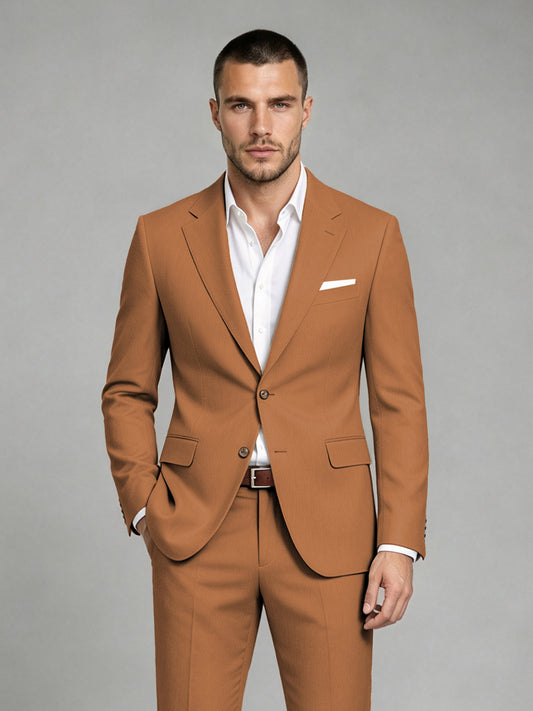 Savile Men's Dark Burnt Orange Wool-Blend 2-Piece Suit Set – Two-Button Notch Lapel Slim-Fit Blazer & Turn-Up Trousers - Burnt Orange