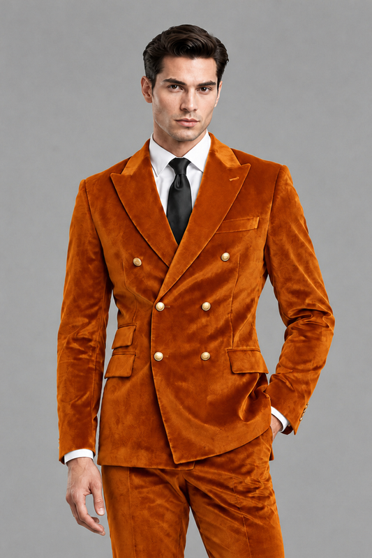 Savile Men's Burnt Orange Velvet Double-Breasted 2-Piece Suit Set | Peak Lapel Blazer & Trousers - Burnt Orange