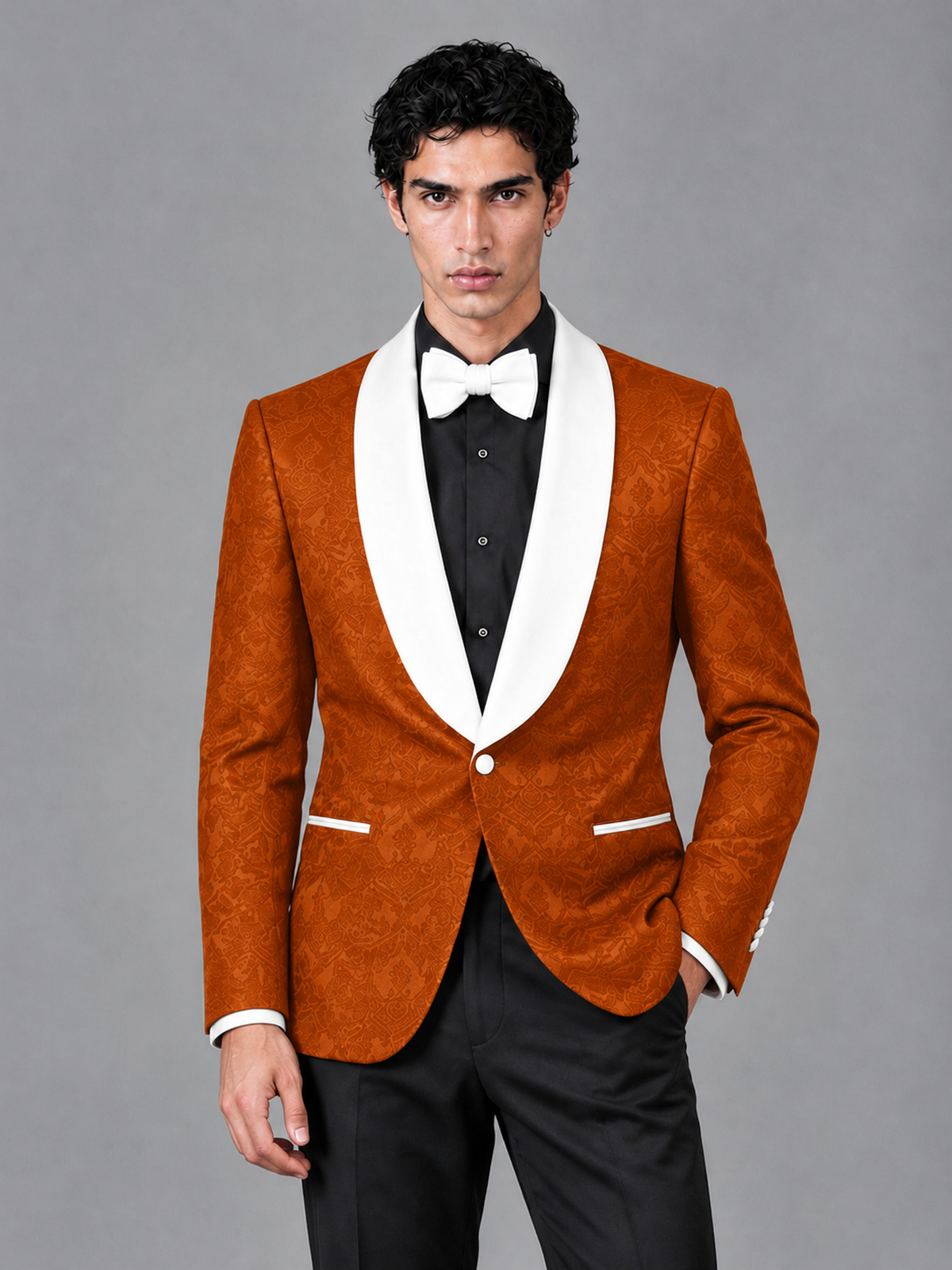 Savile Men's Burnt Orange Jacquard White Shawl Lapel 2-Piece Tuxedo Suit Set | Jacket & Trousers - Burnt Orange - Burnt Orange (1)