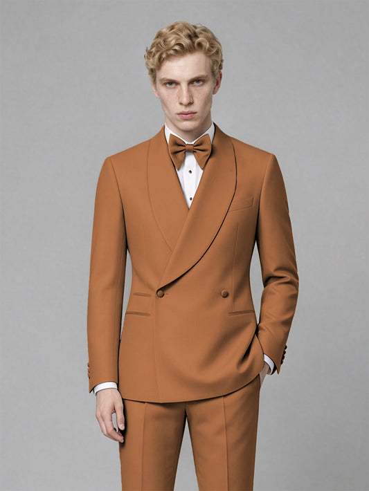 Men's Burnt Orange Single-Button Burnt Orange Satin Shawl Lapel Tuxedo Suit Set | Blazer & Trousers - Burnt Orange
