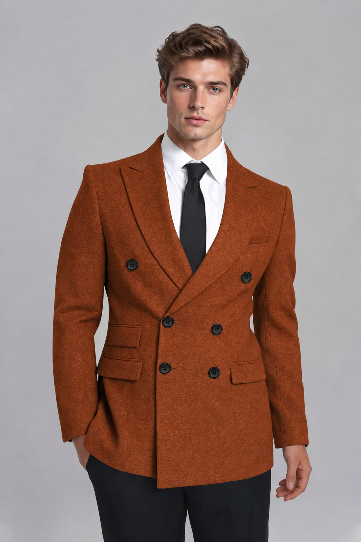 Savile Men's Burnt Orange Double-Breasted Peak Lapel Blazer - Burnt Orange