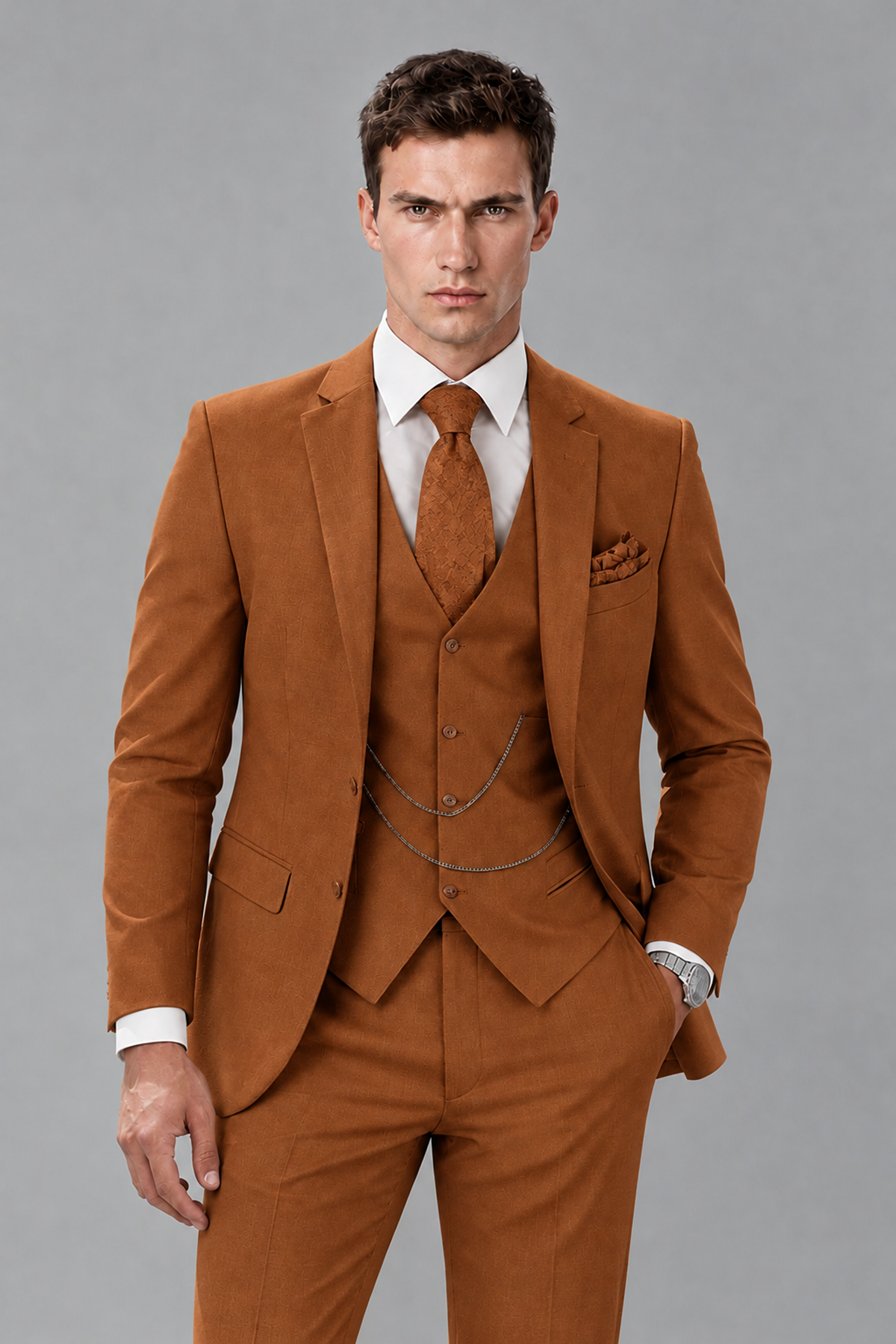 Savile Burnt Orange 3-Piece Suit with Notch Lapel & Chain Vest - Burnt Orange