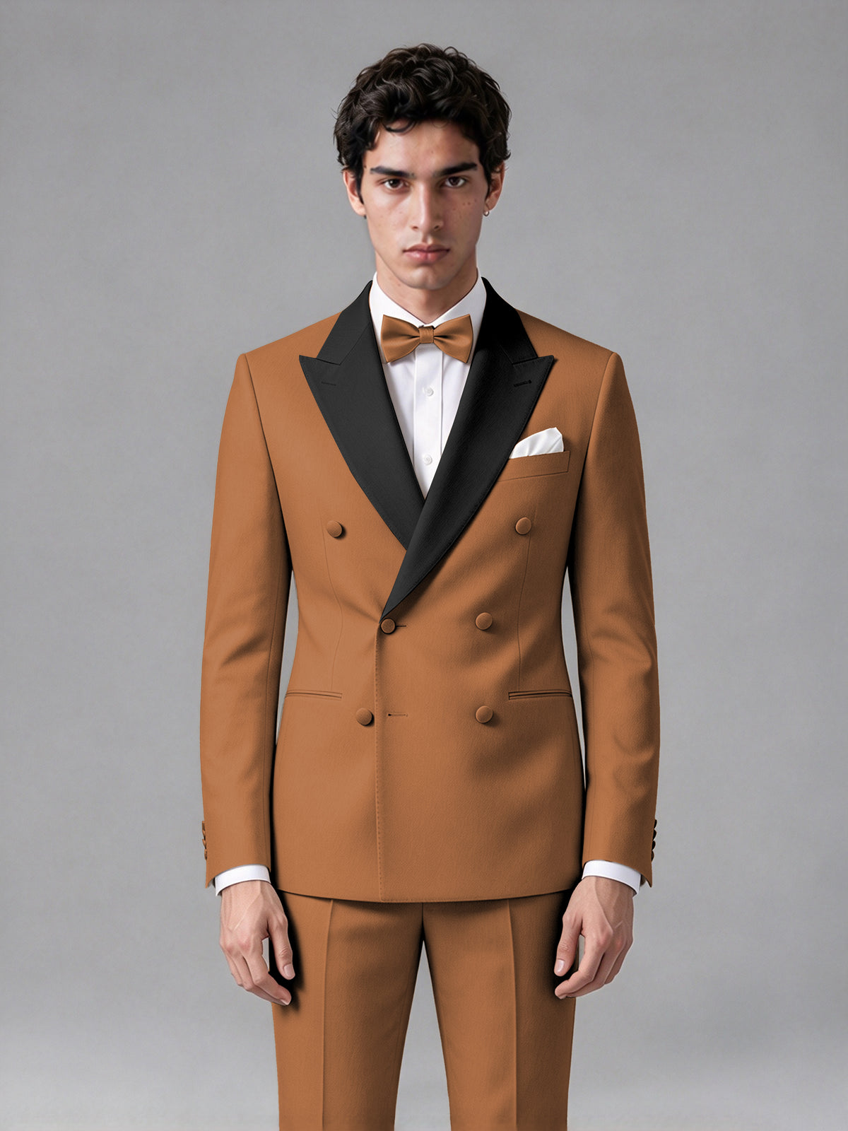 Men's Burnt Orange Double-Breasted Satin Peak Lapel Tuxedo Suit Set (Jacket + Trousers) - Burnt Orange