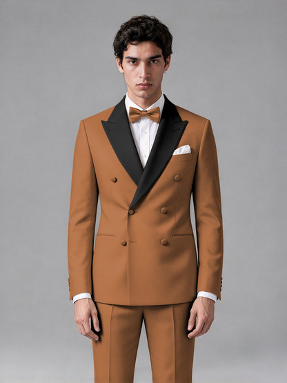 Men's Burnt Orange Double-Breasted Satin Peak Lapel Tuxedo Suit Set (Jacket + Trousers) - Burnt Orange