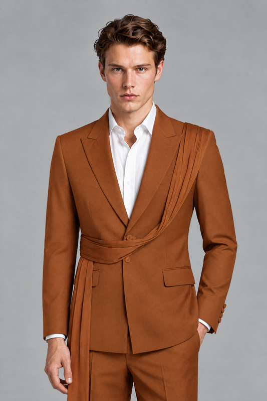 Men's Burnt Orange Draped Sash Suit – Peak Lapel 2-Piece Slim Fit Party, Gala & Wedding Set - Burnt Orange
