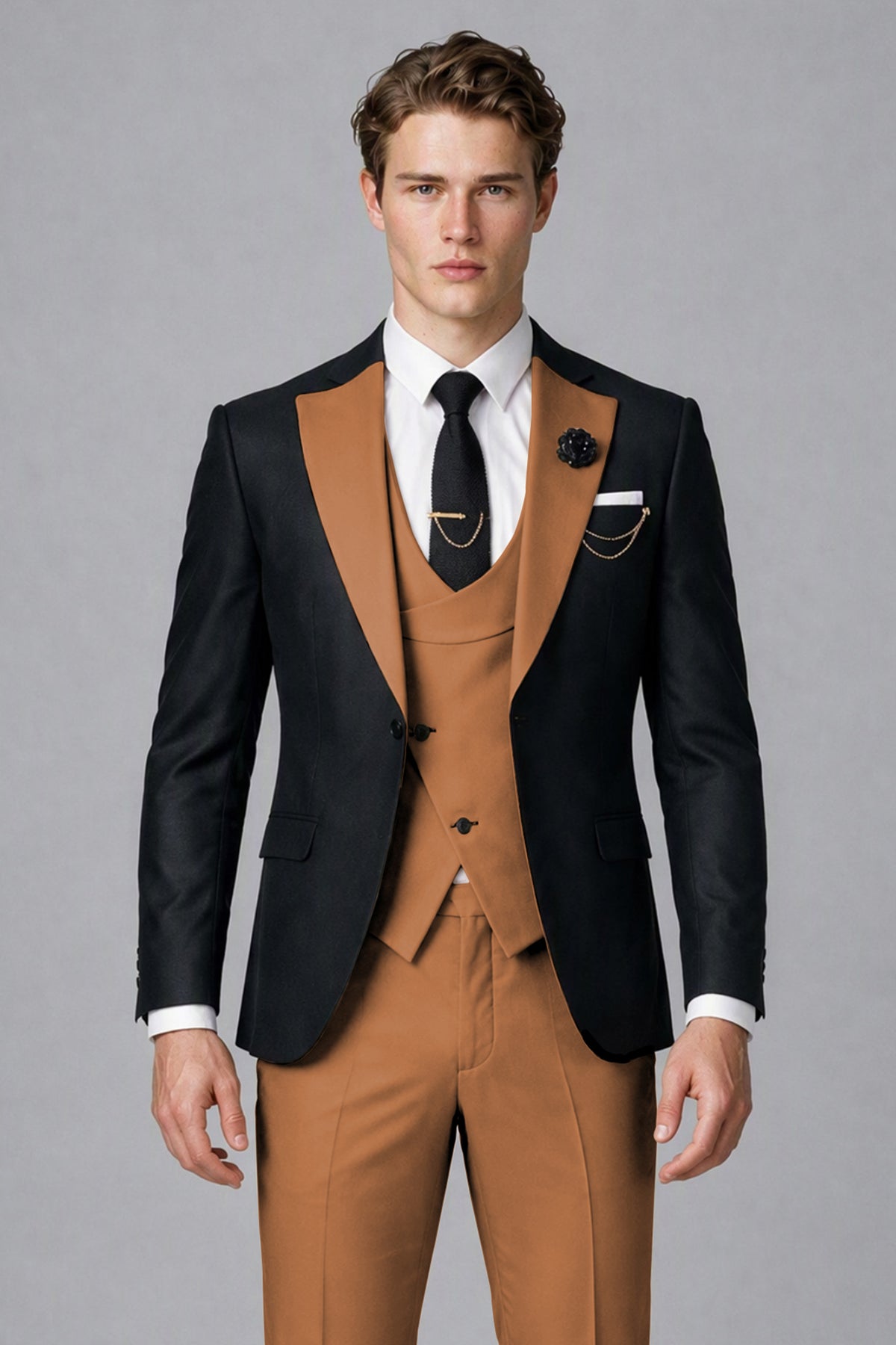 Savile Men's Black & Burnt Orange Three-Piece Wedding Suit - Burnt Orange