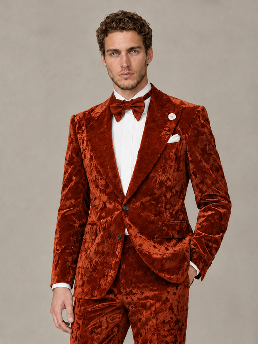 Savile Men's Burnt Orange Crushed Velvet Peak Lapel 2-Piece Suit Set | Jacket & Trousers - Burnt Orange - Burnt Orange (1)