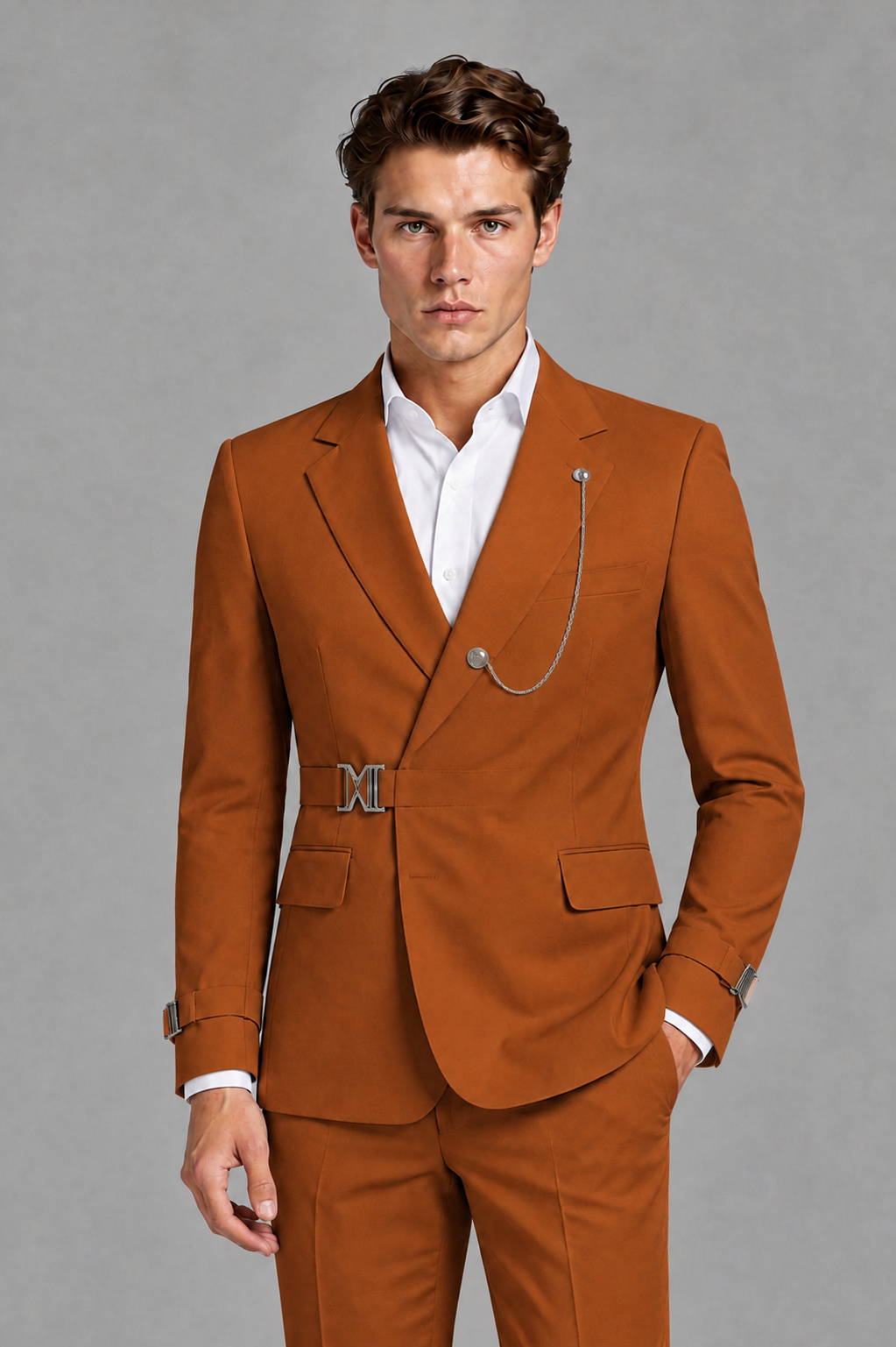 Savile Men's Burnt Orange Buckle-Closure 2-Piece Suit Set | Peak Lapel Blazer & Trousers - Burnt Orange
