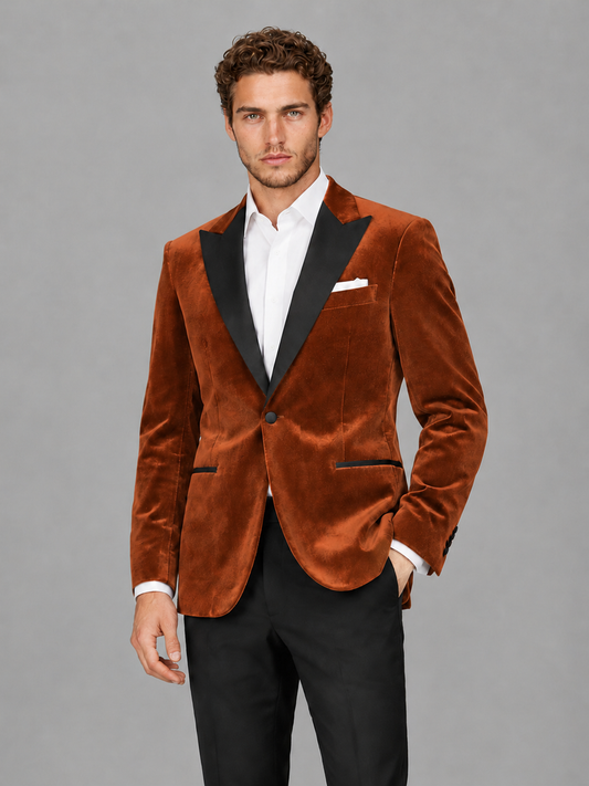 Savile Men's Burnt Orange Velvet Peak Lapel 2-Piece Tuxedo Suit Set | Jacket & Trousers - Burnt Orange