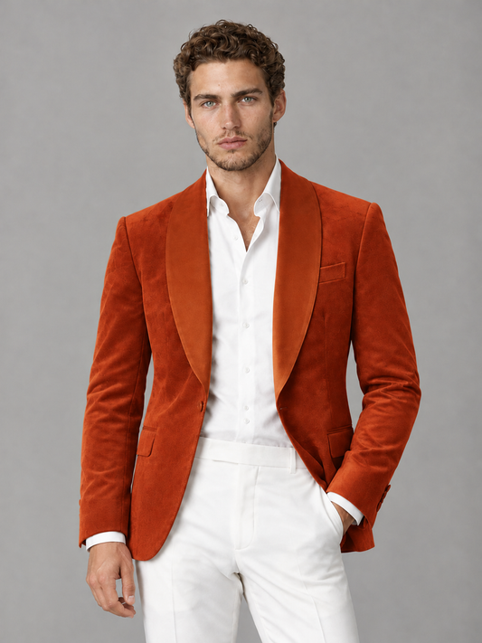 Savile Men's Burnt Orange Velvet Shawl Lapel 2-Piece Tuxedo Suit Set | Jacket & White Trousers - Burnt Orange - Burnt Orange (1)