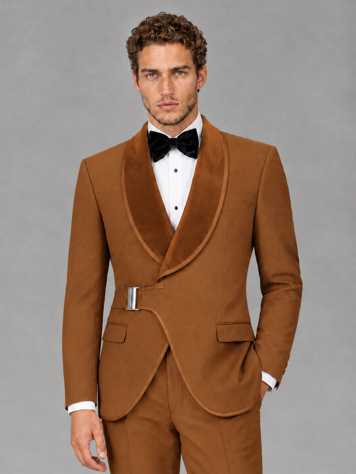 Savile Men's Burnt Orange Velvet Shawl Lapel Tuxedo Suit – Modern Side-Buckle Dinner Jacket & Trousers 2-Piece Set - Burnt Orange