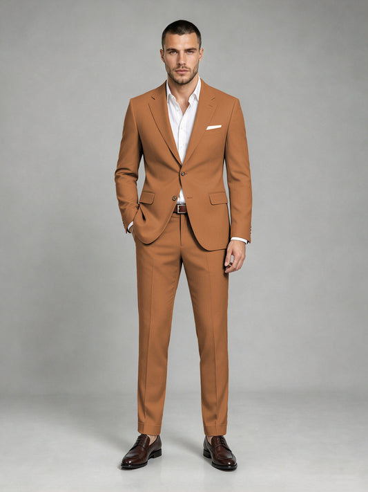 Savile Men's Dark Burnt Orange Wool-Blend 2-Piece Suit Set – Two-Button Notch Lapel Slim-Fit Blazer & Turn-Up Trousers - Burnt Orange
