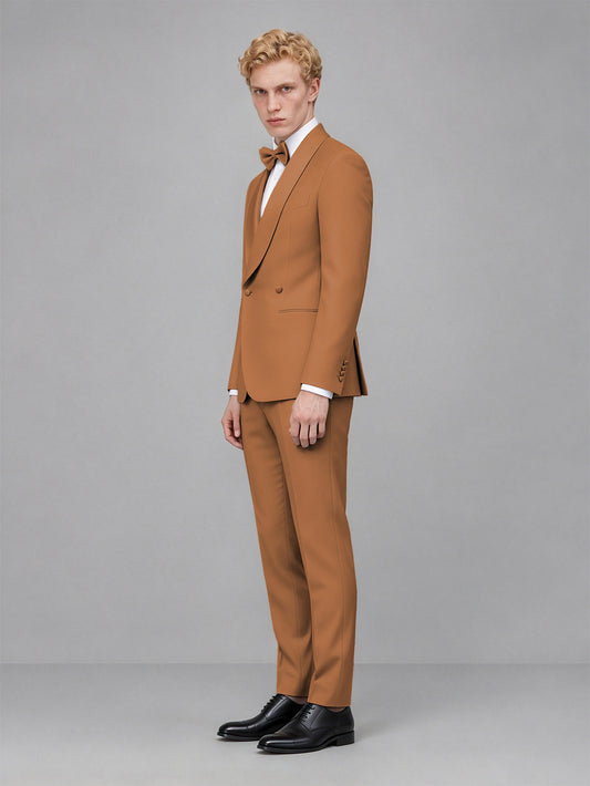 Men's Burnt Orange Single-Button Burnt Orange Satin Shawl Lapel Tuxedo Suit Set | Blazer & Trousers - Burnt Orange