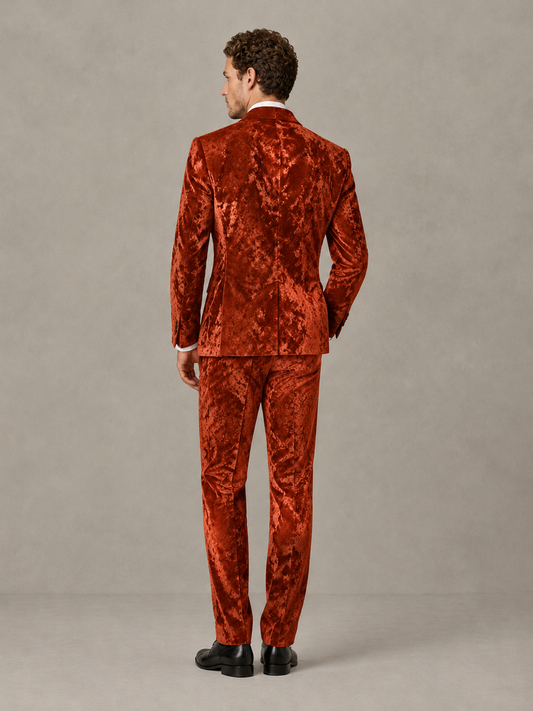Savile Men's Burnt Orange Crushed Velvet Peak Lapel 2-Piece Suit Set | Jacket & Trousers - Burnt Orange - Burnt Orange (2)