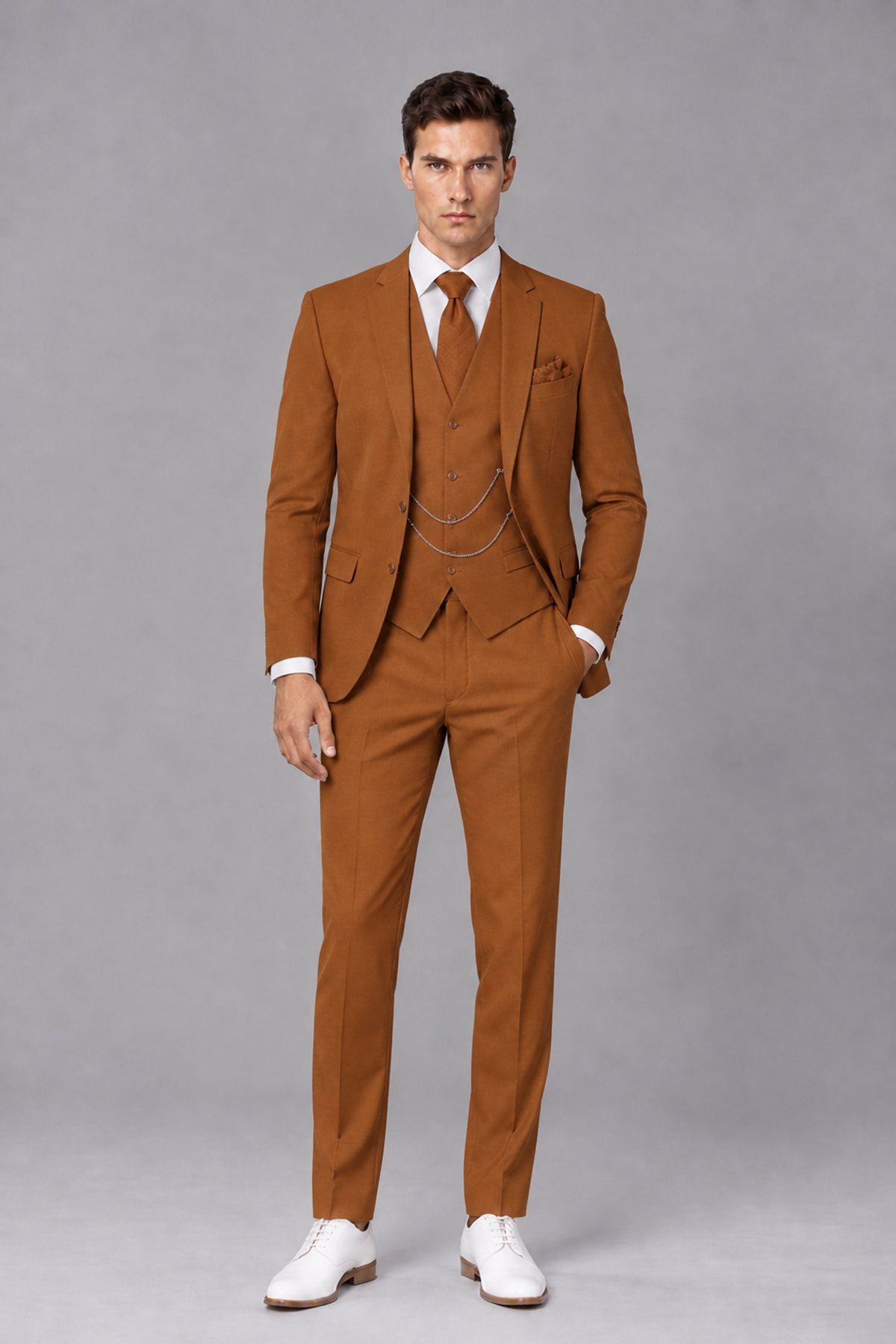 Savile Burnt Orange 3-Piece Suit with Notch Lapel & Chain Vest - Burnt Orange