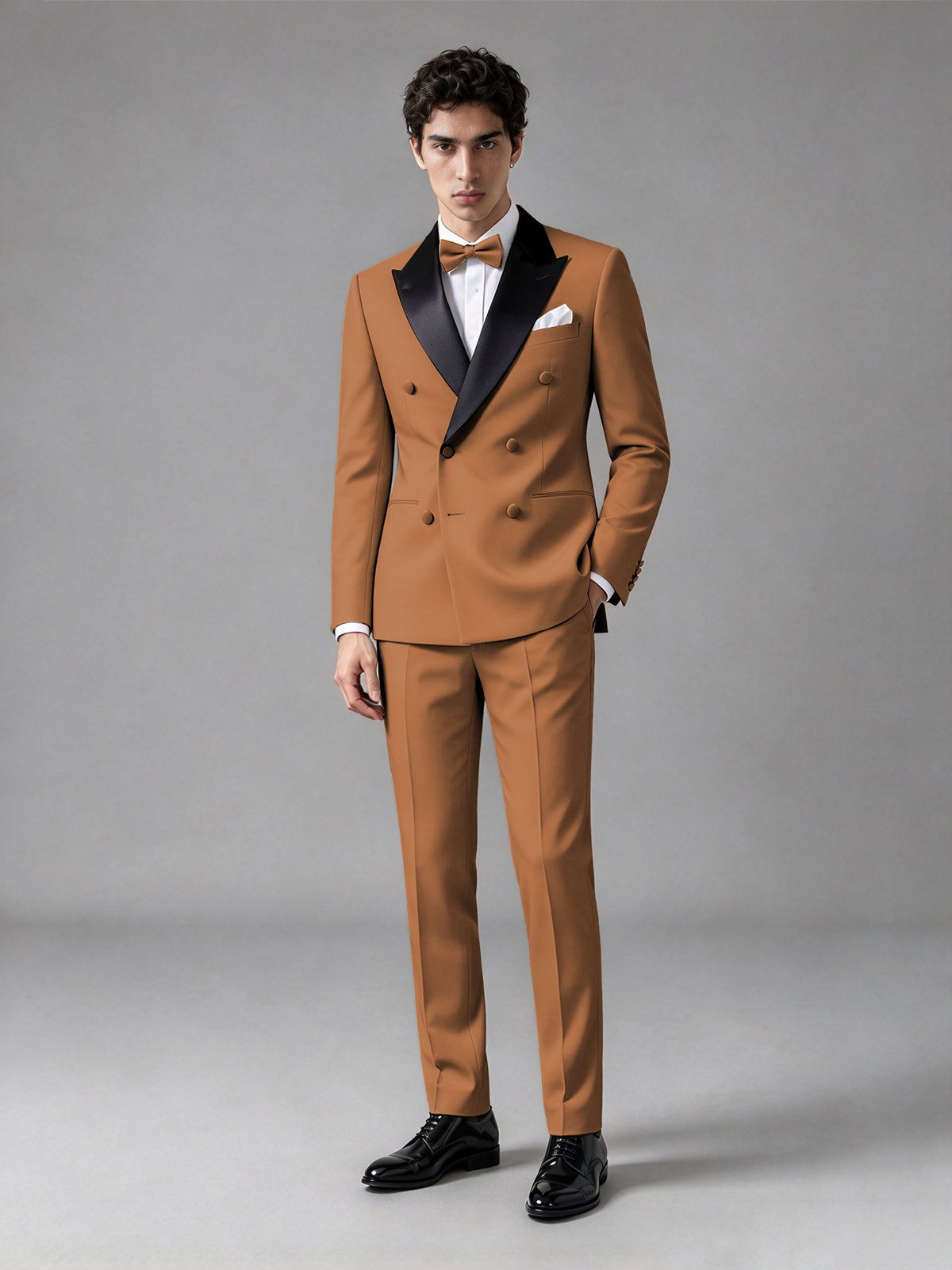 Men's Burnt Orange Double-Breasted Satin Peak Lapel Tuxedo Suit Set (Jacket + Trousers) - Burnt Orange