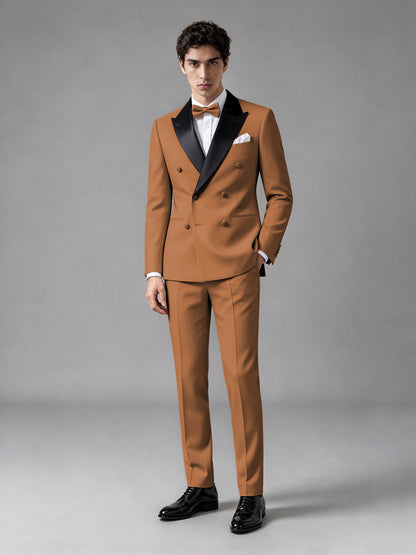 Men's Burnt Orange Double-Breasted Satin Peak Lapel Tuxedo Suit Set (Jacket + Trousers) - Burnt Orange