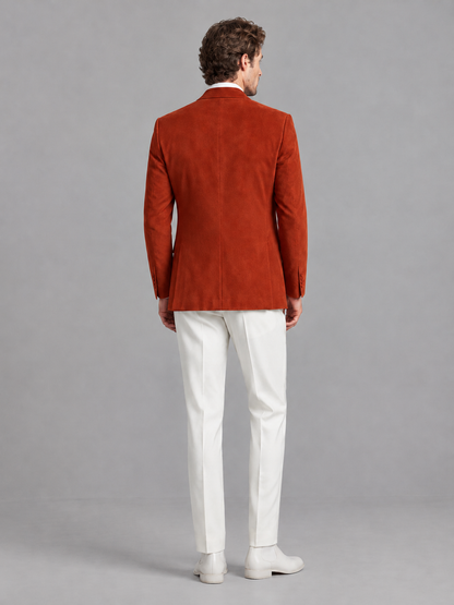 Savile Men's Burnt Orange Velvet Shawl Lapel 2-Piece Tuxedo Suit Set | Jacket & White Trousers - Burnt Orange - Burnt Orange (2)