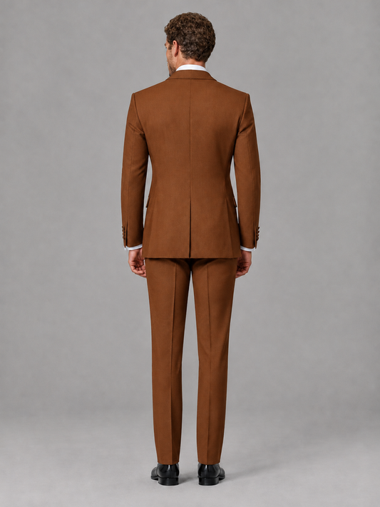 Savile Men's Burnt Orange Velvet Shawl Lapel Tuxedo Suit – Modern Side-Buckle Dinner Jacket & Trousers 2-Piece Set - Burnt Orange