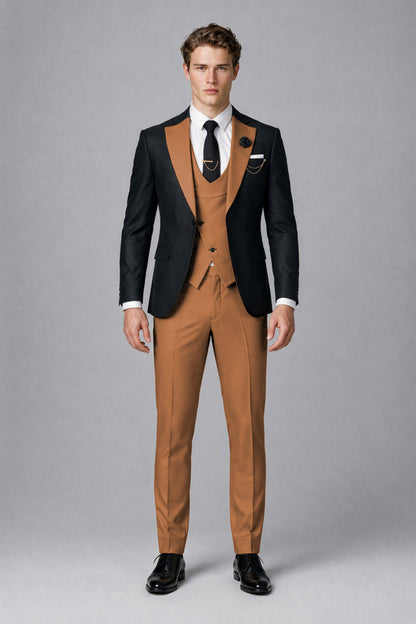 Savile Men's Black & Burnt Orange Three-Piece Wedding Suit - Burnt Orange