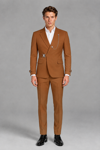 Savile Men's Burnt Orange Buckle-Closure 2-Piece Suit Set | Peak Lapel Blazer & Trousers - Burnt Orange