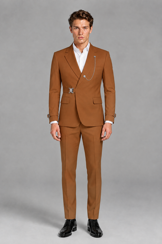 Savile Men's Burnt Orange Buckle-Closure 2-Piece Suit Set | Peak Lapel Blazer & Trousers - Burnt Orange