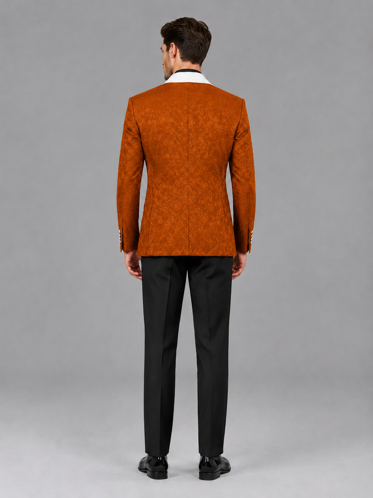 Savile Men's Burnt Orange Jacquard White Shawl Lapel 2-Piece Tuxedo Suit Set | Jacket & Trousers - Burnt Orange - Burnt Orange (2)