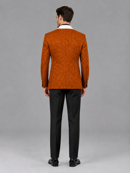 Savile Men's Burnt Orange Jacquard White Shawl Lapel 2-Piece Tuxedo Suit Set | Jacket & Trousers - Burnt Orange - Burnt Orange (2)