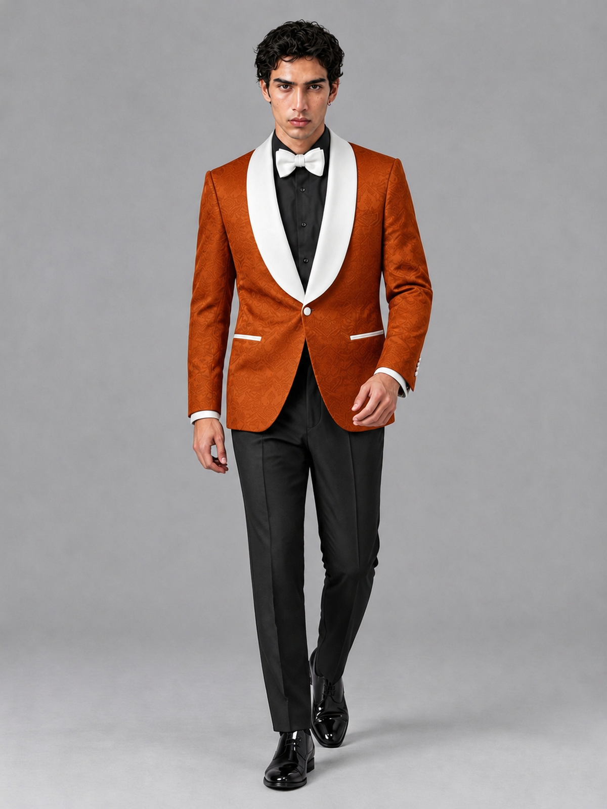 Savile Men's Burnt Orange Jacquard White Shawl Lapel 2-Piece Tuxedo Suit Set | Jacket & Trousers - Burnt Orange - Burnt Orange (3)