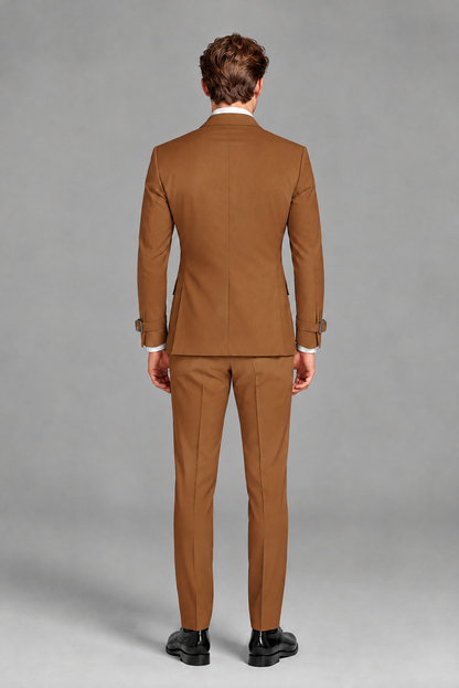 Savile Men's Burnt Orange Buckle-Closure 2-Piece Suit Set | Peak Lapel Blazer & Trousers - Burnt Orange