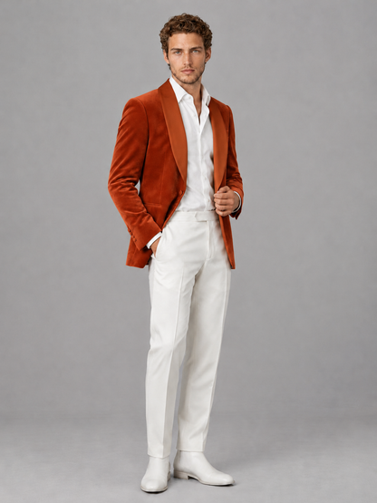 Savile Men's Burnt Orange Velvet Shawl Lapel 2-Piece Tuxedo Suit Set | Jacket & White Trousers - Burnt Orange - Burnt Orange (3)