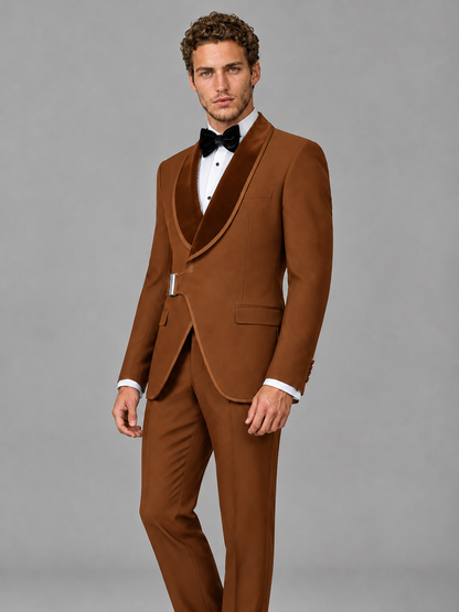 Savile Men's Burnt Orange Velvet Shawl Lapel Tuxedo Suit – Modern Side-Buckle Dinner Jacket & Trousers 2-Piece Set - Burnt Orange