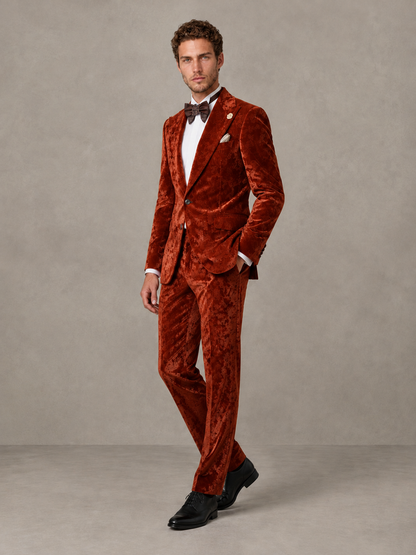 Savile Men's Burnt Orange Crushed Velvet Peak Lapel 2-Piece Suit Set | Jacket & Trousers - Burnt Orange - Burnt Orange (3)