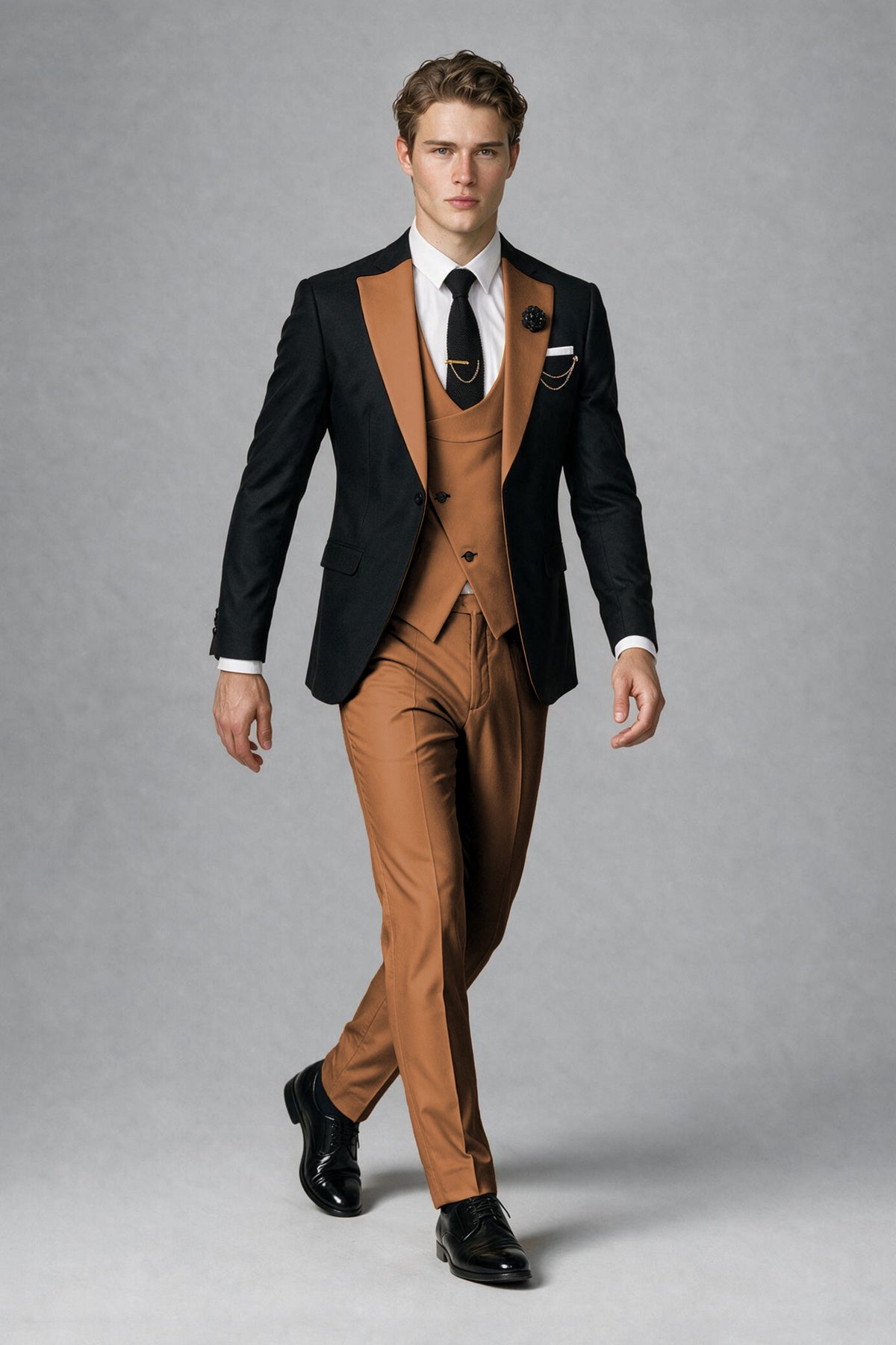 Savile Men's Black & Burnt Orange Three-Piece Wedding Suit - Burnt Orange