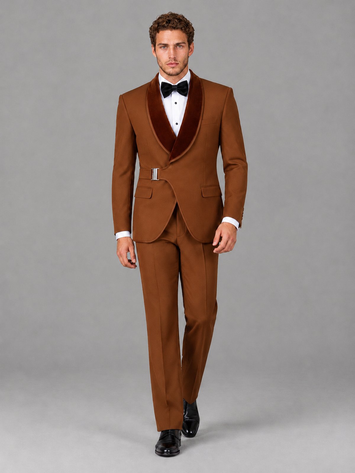 Savile Men's Burnt Orange Velvet Shawl Lapel Tuxedo Suit – Modern Side-Buckle Dinner Jacket & Trousers 2-Piece Set - Burnt Orange