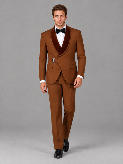 Savile Men's Burnt Orange Velvet Shawl Lapel Tuxedo Suit – Modern Side-Buckle Dinner Jacket & Trousers 2-Piece Set - Burnt Orange