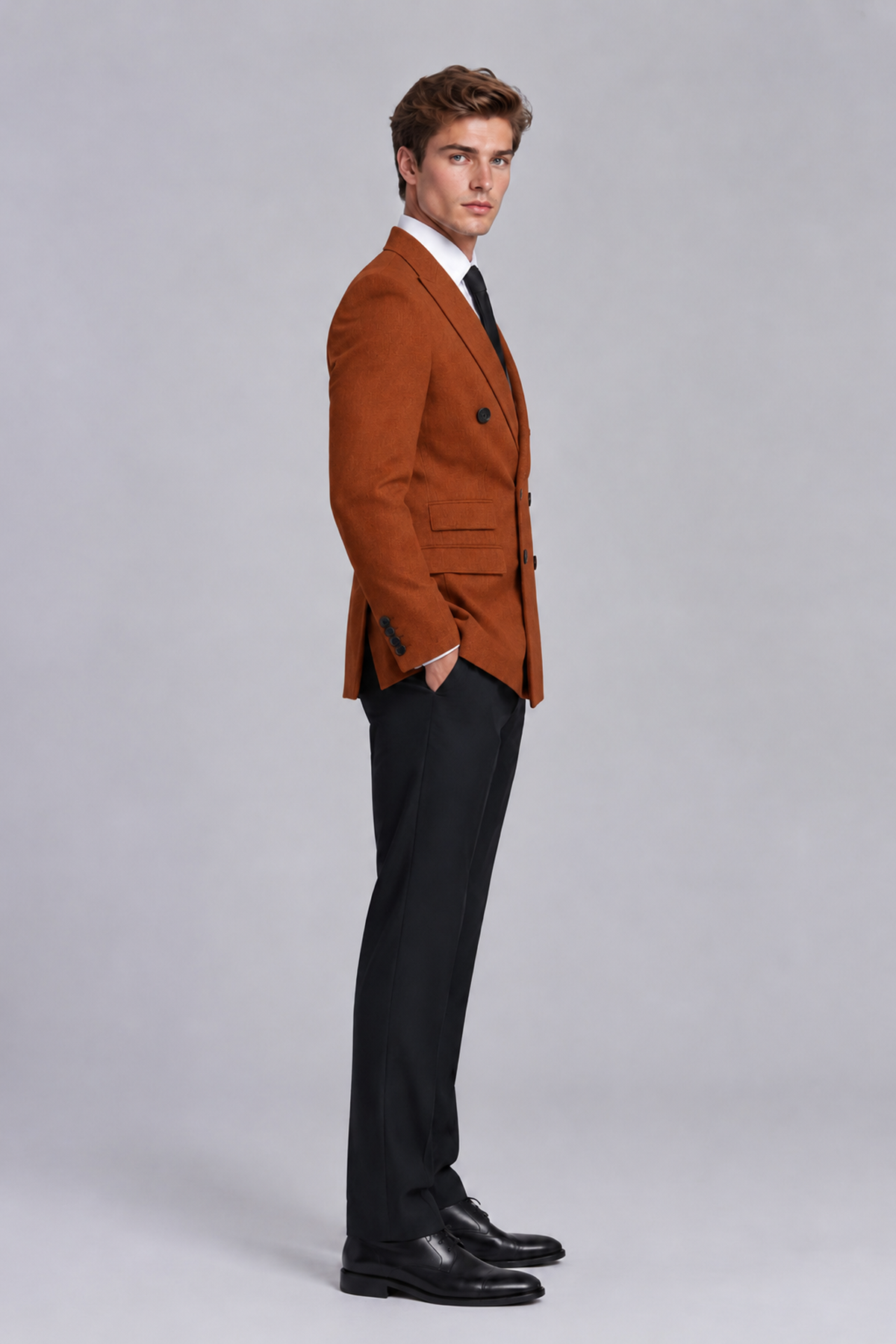 Savile Men's Burnt Orange Double-Breasted Peak Lapel Blazer - Burnt Orange